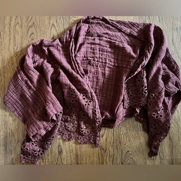 FREE PEOPLE Amaira Kimono gauze M/L Floral $128 Lace Trim Open Front Cardigan - Picture 12 of 12